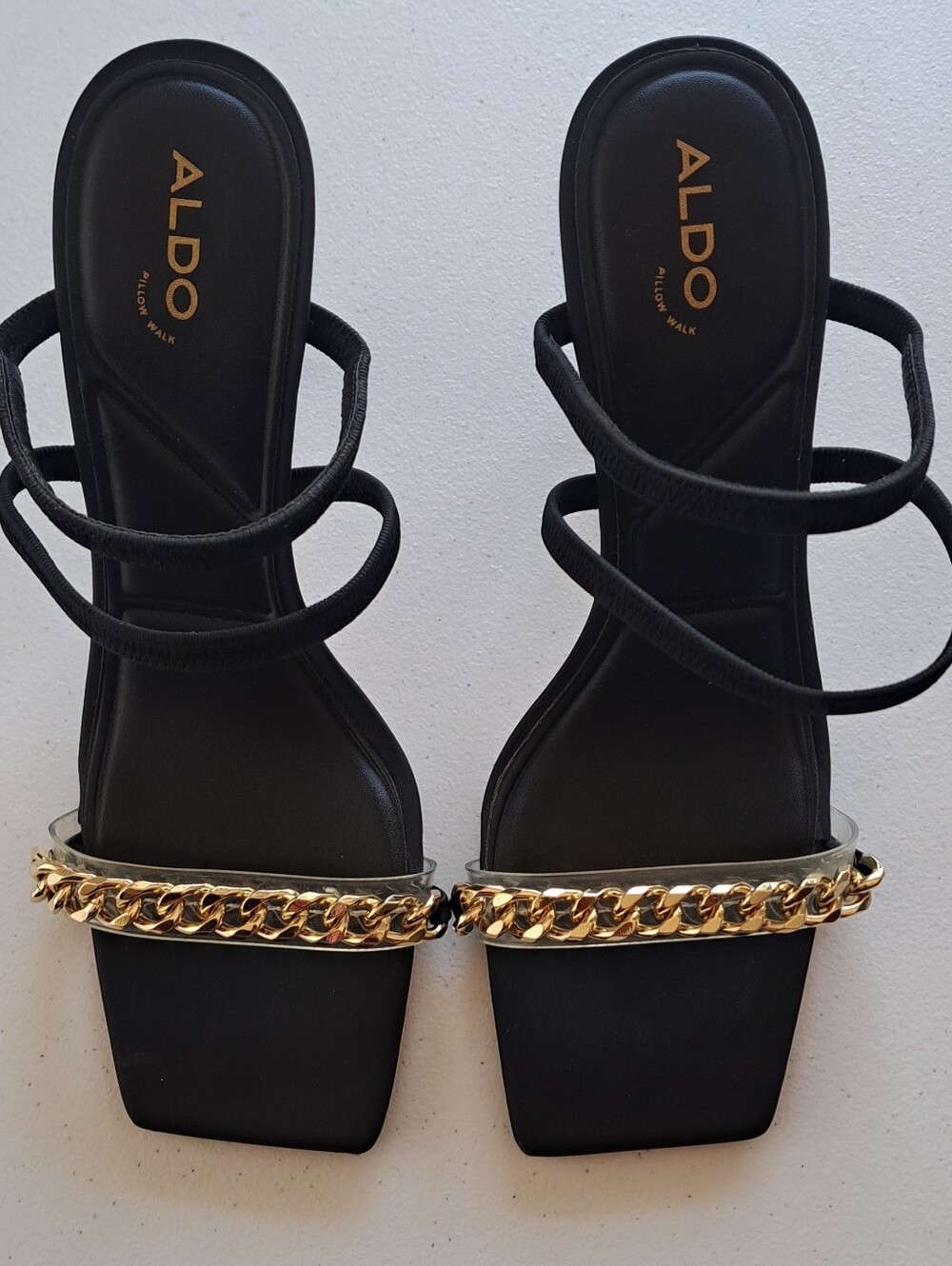 Aldo Black Strappy Heels with Gold Chain Trim